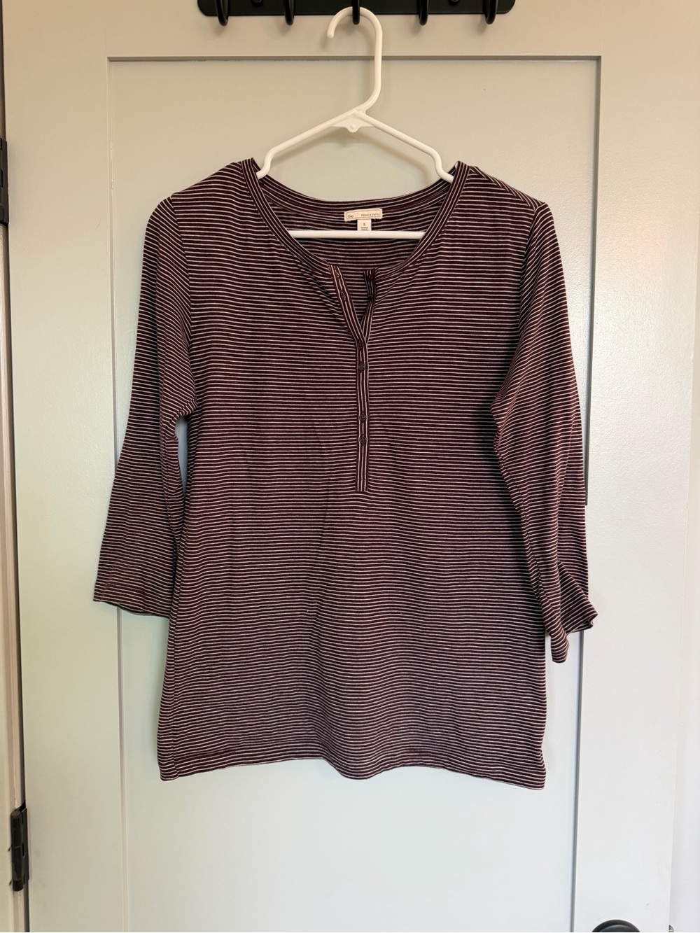 GAP Plum and White Striped Henley Long Sleeve Top